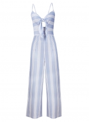 Casual Striped Spaghetti Strap V Neck Front Knot Wide Leg Jumpsuit