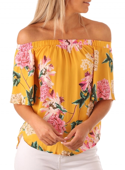 Casual Loose Yellow Floral Print Half Sleeve Off Shoulder Blouse zecalaba.com