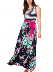 Blue Pink Floral Striped Sleeveless Waist Tie Boho Dress