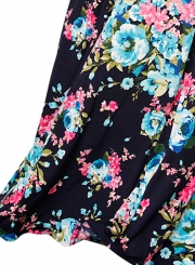 Blue Pink Floral Striped Sleeveless Waist Tie Boho Dress