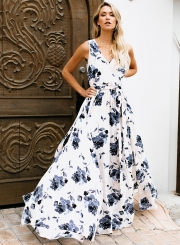 Fashion Boho Floral Printed Sleeveless V Neck Slit Maxi Dress