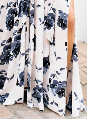 Fashion Boho Floral Printed Sleeveless V Neck Slit Maxi Dress