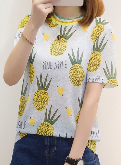 Summer Casual Loose Shiner Pineapple Pattern Short Sleeve Round Neck Tee zecalaba.com