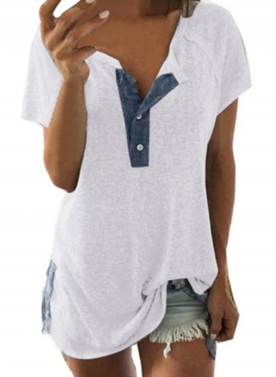 Casual Loose Colorblock Short Sleeve Round Neck Front Buttons Tee zecalaba.com