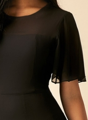 Fashion Chiffon Short Dolman Sleeve Round Neck Colorblock Hem Dress