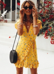 Summer Casual Floral printed Short Sleeve V Neck Waist Tie Dress