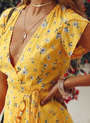 Summer Casual Floral printed Short Sleeve V Neck Waist Tie Dress