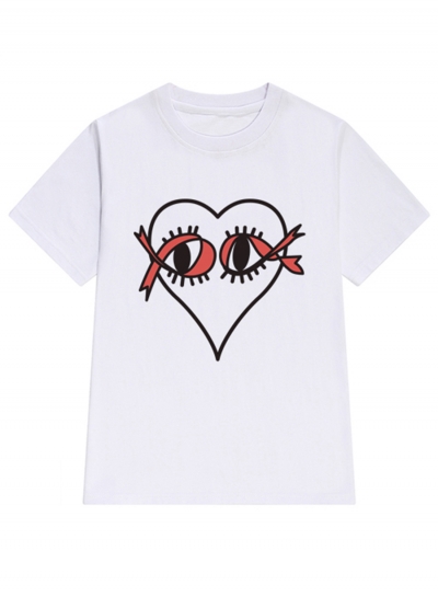 Casual Novelty Loose Heart Eyelash Printed Short Sleeve Round Neck Tee zecalaba.com