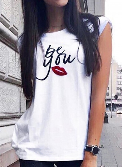 Summer Loose Red Lip Printed Short Sleeve Round Neck Tee With Letters zecalaba.com