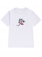 Summer Loose Red Lip Printed Short Sleeve Round Neck Tee With Letters