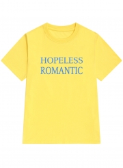 Casual Loose Yellow Printed Short Sleeve Round Neck Tee With Letters