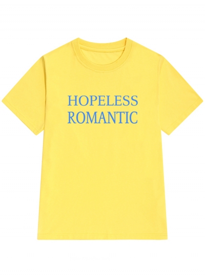 Casual Loose Yellow Printed Short Sleeve Round Neck Tee With Letters zecalaba.com