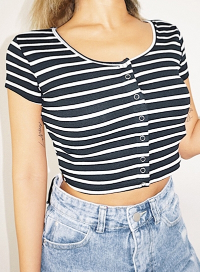 Summer Sexy Slim Striped Short Sleeve Round Neck Front Buttons Crop Top