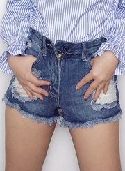 Casual Ripped Burrs Wash High Waist Zipper Fly Straight Denim Hot Shorts