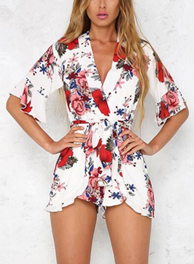 Fashion Casual Floral Printed Half Sleeve V Neck Waist Tie Straight Romper zecalaba.com