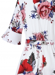 Fashion Casual Floral Printed Half Sleeve V Neck Waist Tie Straight Romper