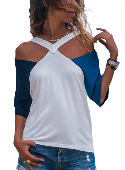 Double Blue Raglan Sleeves Open Shoulder Shirt zecalaba.com