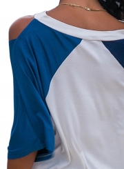 Double Blue Raglan Sleeves Open Shoulder Shirt