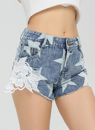 Summer Lace Splicing Star Low Waist Zipper Fly Straight Denim Shorts zecalaba.com