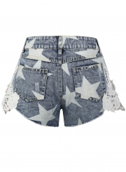 Summer Lace Splicing Star Low Waist Zipper Fly Straight Denim Shorts