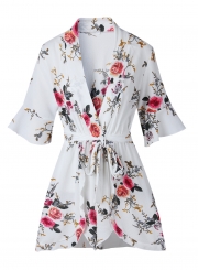 Fashion Casual Floral Printed Half Sleeve V Neck Waist Tie Straight Romper