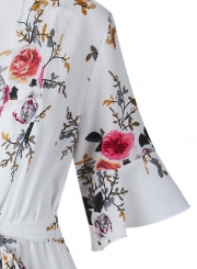 Fashion Casual Floral Printed Half Sleeve V Neck Waist Tie Straight Romper