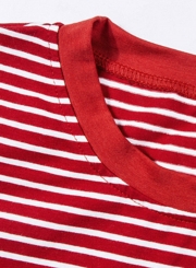 Casual Loose Striped Colorblock Short Sleeve Round Neck Tee With Letters
