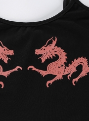 Casual Slim Dragon Pattern Spaghetti Strap Round Neck Crop Top