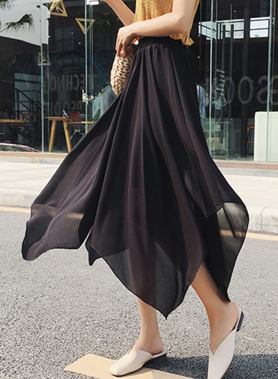 Fashion Solid Irregular Mesh High Waist A-line Chiffon Skirt zecalaba.com