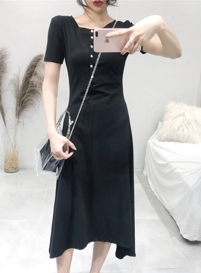 Casual Solid Short Sleeve Round Neck Single-Breasted High Waist Dress zecalaba.com