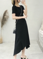 Casual Solid Short Sleeve Round Neck Single-Breasted High Waist Dress