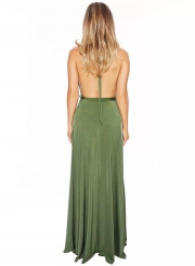 Sexy Solid Halter V Neck Backless Waist Tie Slit Swing Maxi Dress