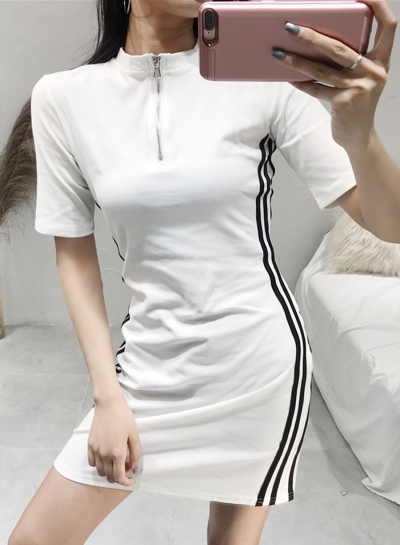 Casual Striped Colorblock Zip Neck Short Sleeve High Waist Sports Dress YOYOTSHOP.com