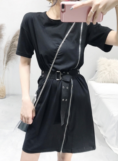 Casual Vintage Short Sleeve Round Neck Waist Tie Front Zip Dress zecalaba.com