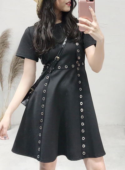 Casual Splicing Short Sleeve Round Neck Keyholes A-line Dress zecalaba.com