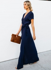 Elegant Solid Short Sleeve V Neck Waist Tie High Slit Maxi Dress