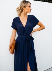 Elegant Solid Short Sleeve V Neck Waist Tie High Slit Maxi Dress