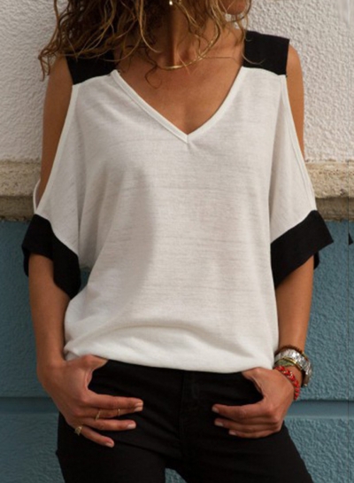 Summer Casual Loose Splicing Off Shoulder Half Sleeve V Neck Tee zecalaba.com