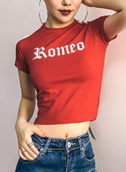 Summer Casual Slim Short Sleeve Round Neck Crop Top With Letters