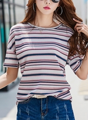 Fashion Summer Casual Striped Loose Short Sleeve Round Neck Tee