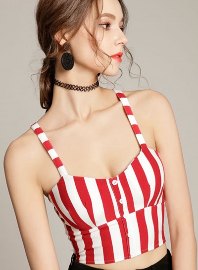 Casual Slim Spaghetti Strap Round Neck Front Buttons Solid Crop Top zecalaba.com