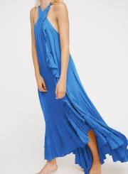 Summer Beach Solid Halter Off The Shoulder Ruffle Hem Slit Maxi Dress