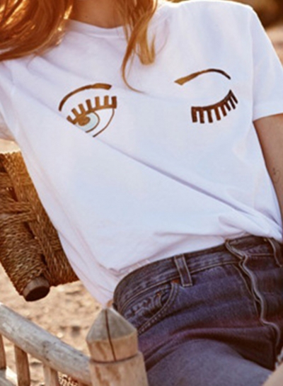 Summer Casual Loose Short Sleeve Round Neck Eye Eyelash Print Tee