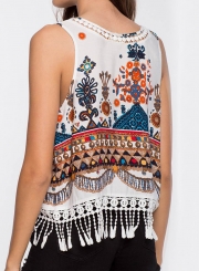 Summer Casual Loose Lace Floral Printed Sleeveless V Neck Tassel Tee