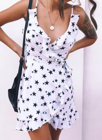 Summer Sexy Irregular Star Printed Ruffle Trim Strappy V Neck Mini Dress