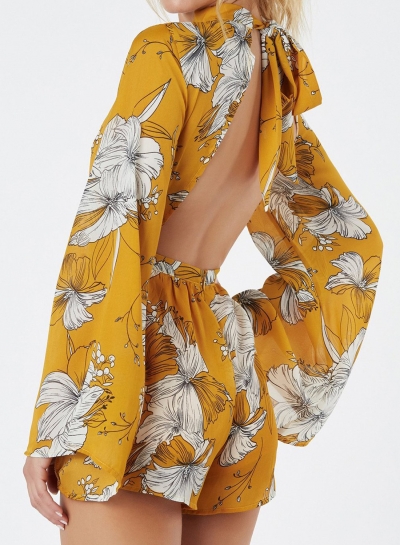 Fashion Sexy Floral Printed Halter Long Sleeve Backless Wide Leg Romper zecalaba.com