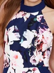 Summer Floral Printed Halter Sleeveless Backless Wide Leg Pockets Romper