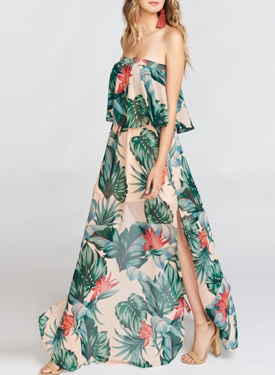 Summer Fashion Sexy Floral Printed Off The Shoulder Slit Beach Maxi Dress