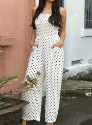 Fashion Polka Dots Spaghetti Strap Straight Wide Leg Jumpsuit With Pockets