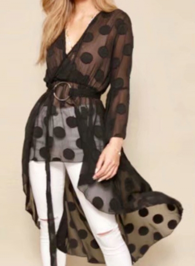 Fashion Sexy Irregular Polka Dots Flare Sleeve V Neck High Low Dress zecalaba.com